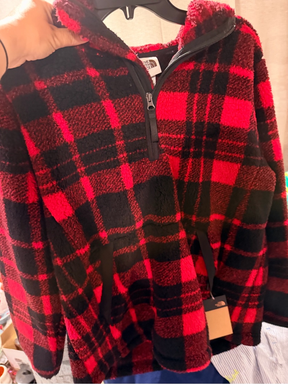 The North Face Red & Black Plaid Quarter-Zip Sherpa Fleece Pullover